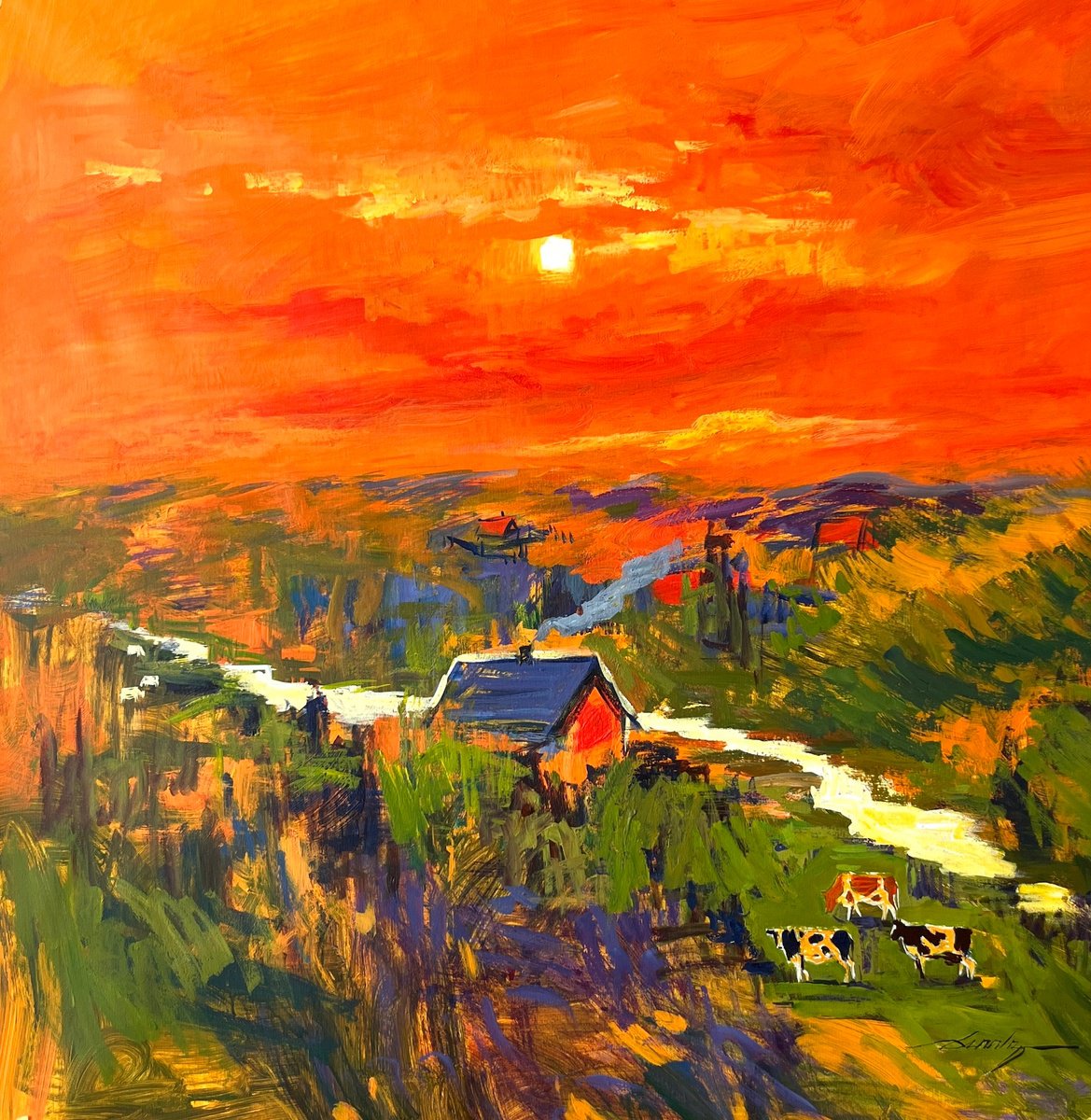 Impressionistic Landscape Acrylic Painting By Jacob Burda, 36 X 36, Sunset, Original Artwork