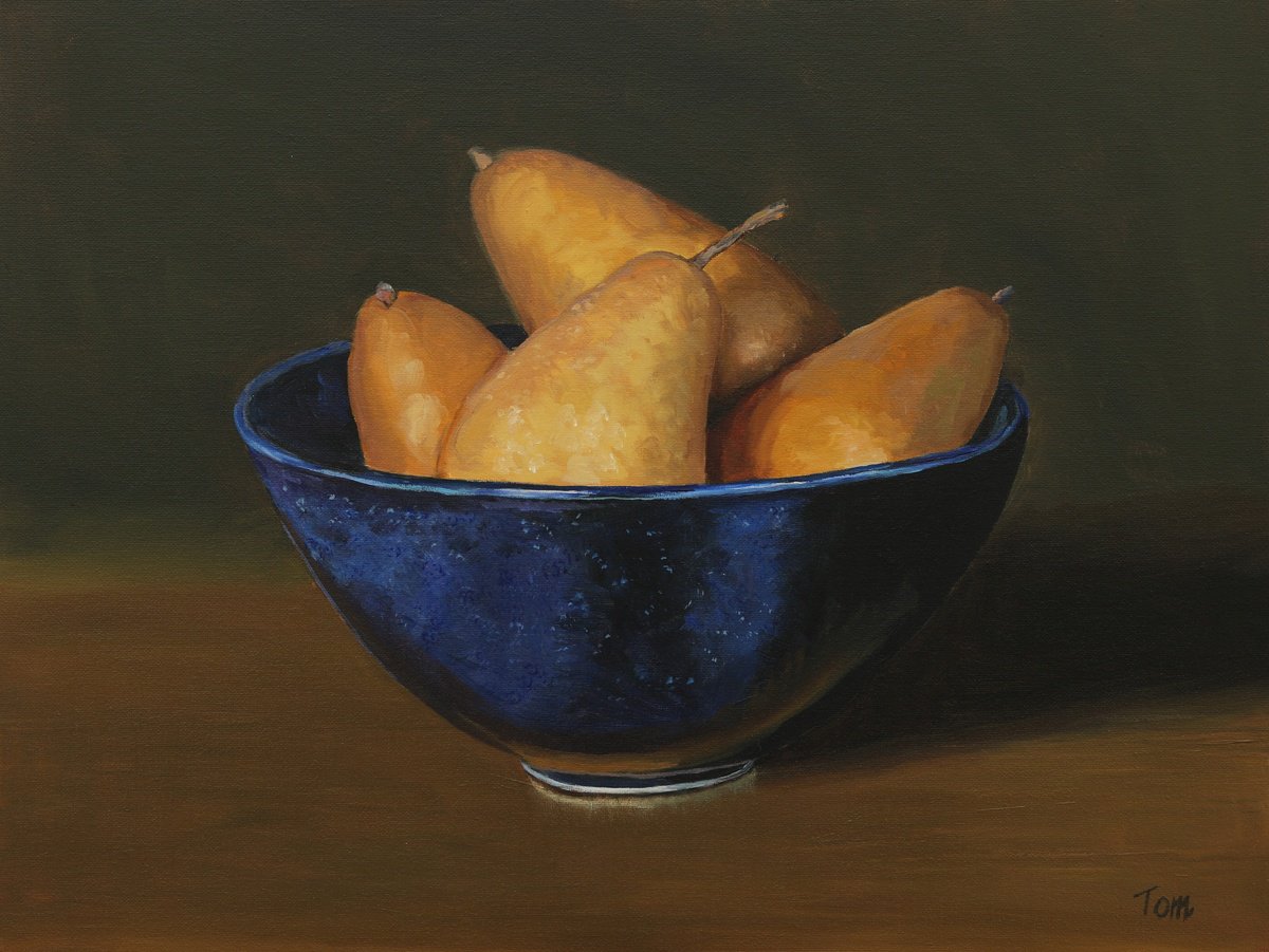 Impressionistic Still Life Oil Painting By Tom Clay, 16 X 12", Pears In A Blue Bowl, Original Artwork
