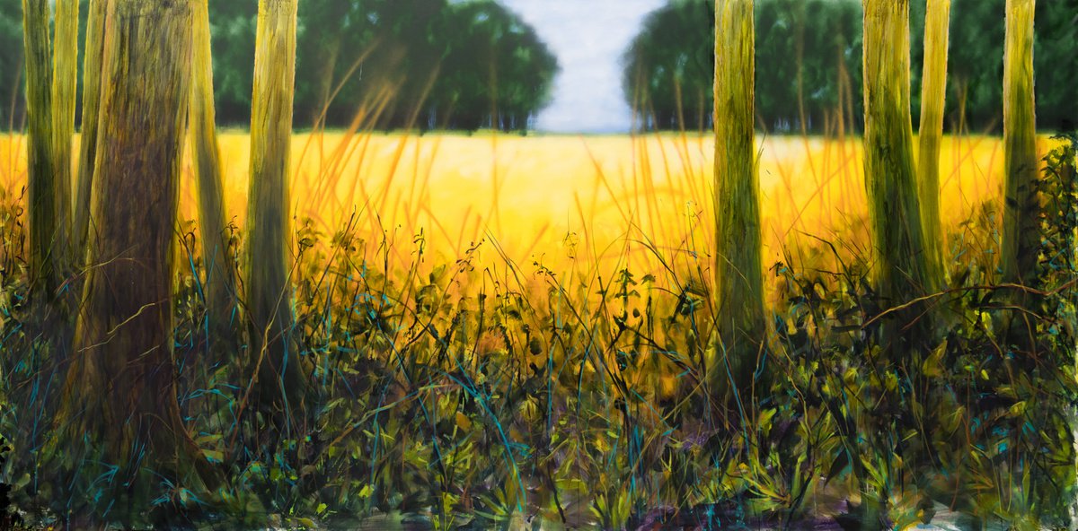 Impressionistic Landscape Acrylic Painting By Fabienne Monestier, 157 X 79, Golden Field In The Glade, Original Artwork