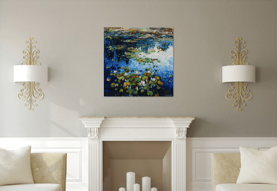 Water lilies Original Oil painting 90 x 90 cm FREE SHIPPING