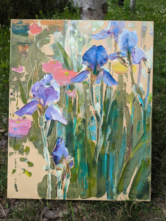 Irises and sun rays .  Original oil painting by Helen Shukina