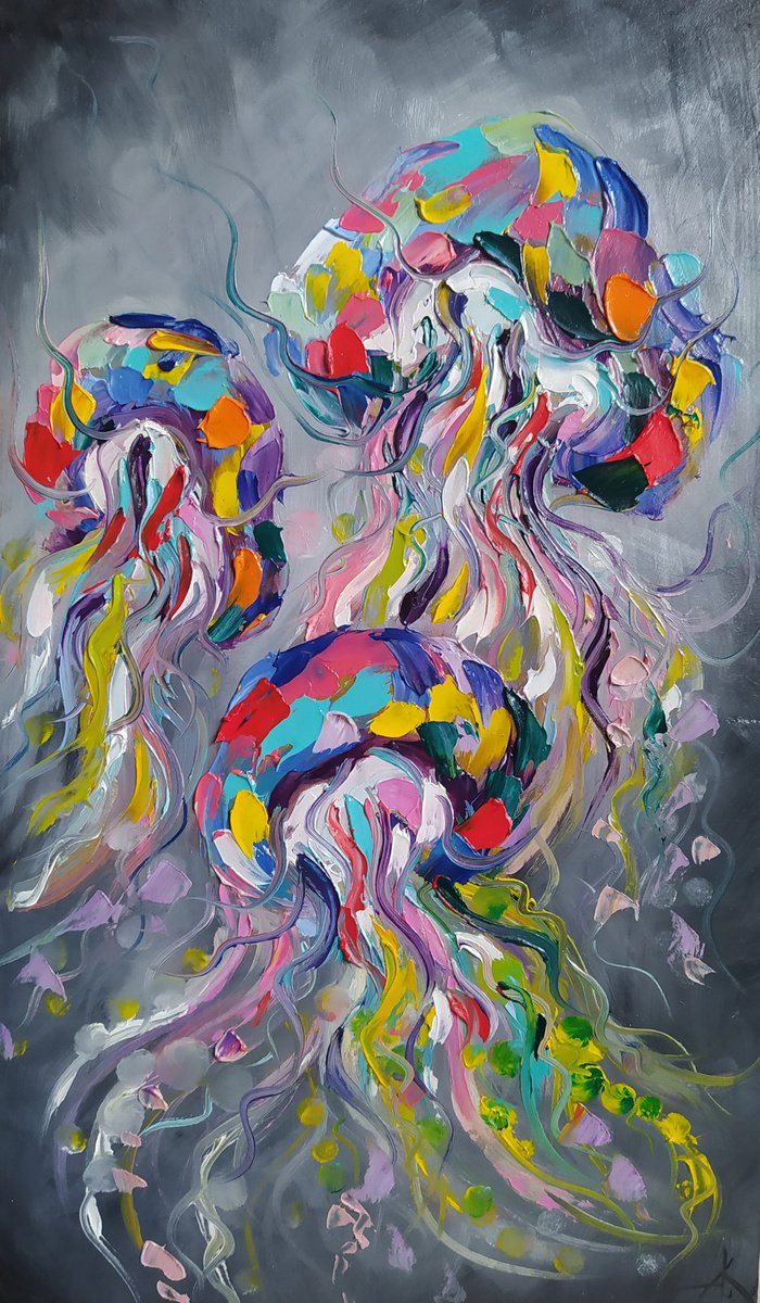Deep in the ocean - oil painting, jellyfish, jellyfish oil painting, ocean, sea, animals by Anastasia Kozorez