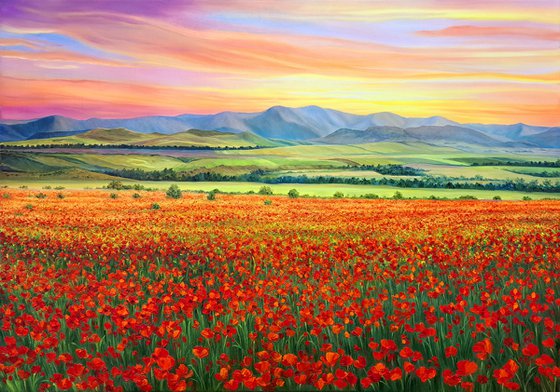 "Orange sunset", field of poppies landscape