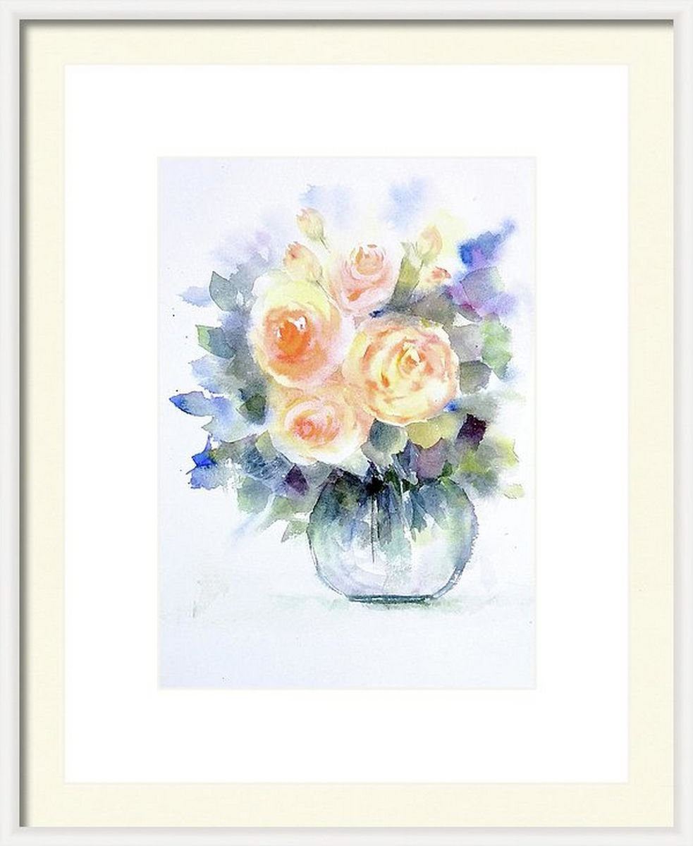 Watercolor Roses Painting Cream-orange Roses Flowers Floral painting- 10.25x 14.00 by Asha Shenoy
