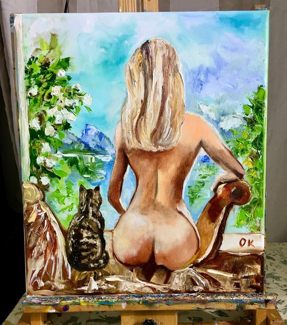 Nude and cat  by the window