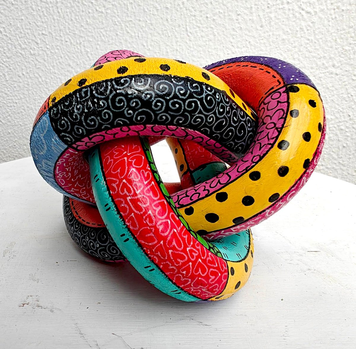 Urban And Pop Abstract Wood Sculpture By Vio Valova, 6 X 6", Rings, Original Artwork
