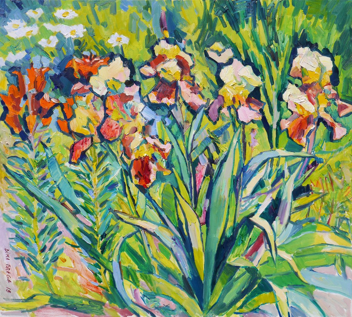 Expressive Botanical Oil Painting By Dima Braga, 39 X 35, Irises And Orange Lilies, Original Artwork