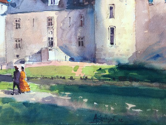 France Castle Château d'Ainay-le-Vieil Watercolor painting