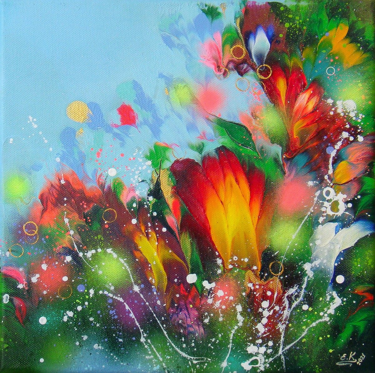 FLOWERS-2 /40 x 40 cm - (16 x 16-?) Floral Abstract Painting by Irini Karpikioti