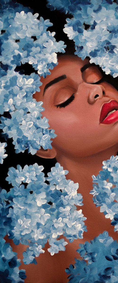 Girl in blue hydrangea blossom by Elina Zelena