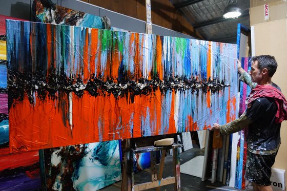 Reflections 240cm x 100cm Blue Orange Textured Abstract Art