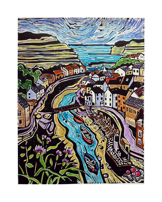 Staithes - Hand coloured Lino print