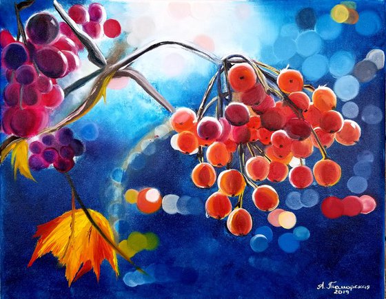 Autumnal Guelder Rose (Viburnum). Original Oil Painting on Canvas. Thanksgiving gift. Christmas gift. New Year gift.16" x 20". 40.6 x 50.8 cm. 2019.
