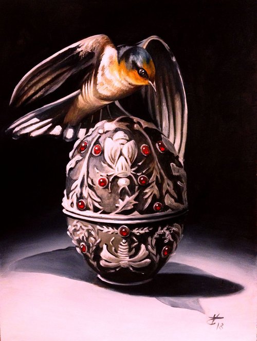 A swallow , one more - original oil on wood- 30 x 40 cm by Valentina Toma' aka Zoe Chigi