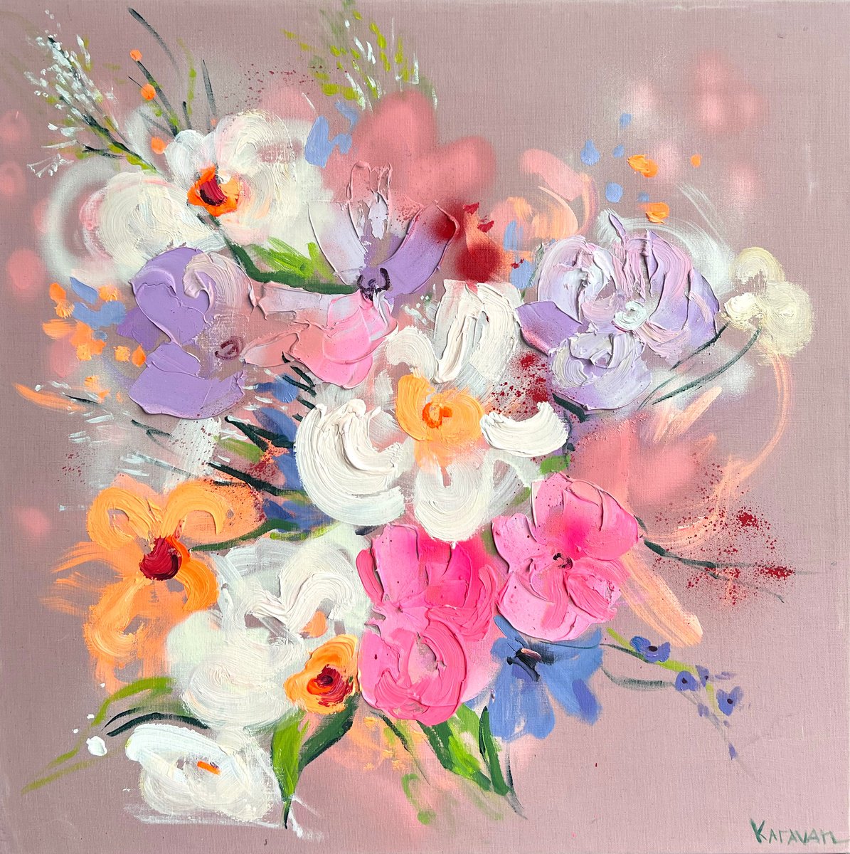 Impressionistic Botanical Acrylic Painting By Nataliia Karavan, 28 X 28", Soft Blush, Original Artwork