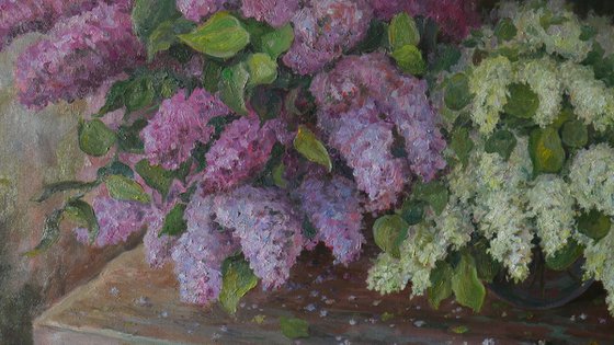 Lush Bouquets Of Lilacs On The Bench In The Garden - original floral spring oil painting on canvas