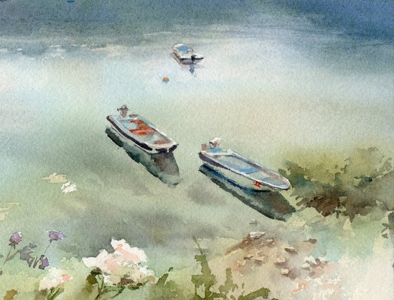Montenegro boats by the sea, Watercolor painting