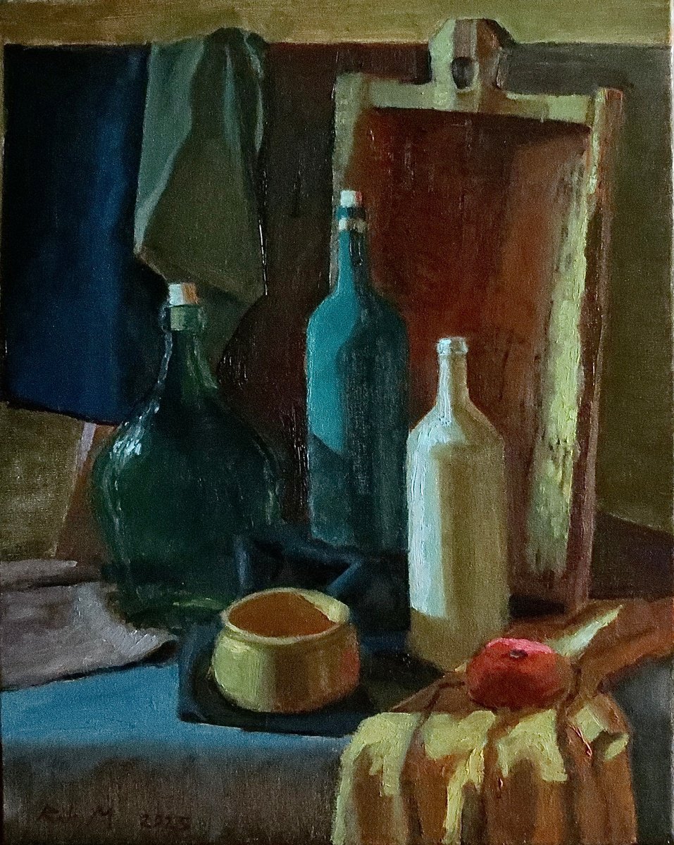 Impressionistic Still Life Oil Painting By Michael Rak, 16 X 20", Still Life With Bottles, Original Artwork
