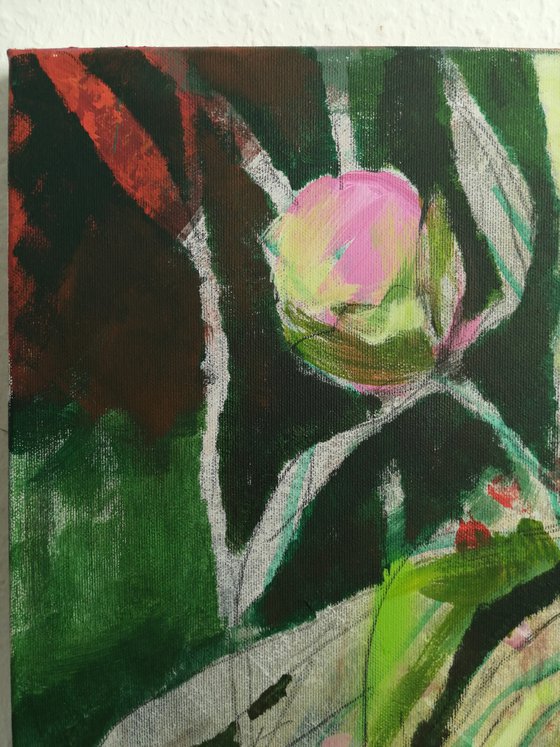 Green-pink peonies modern mixed media painting