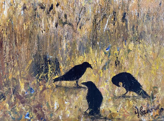 Summer Cornfield with crows & Cornflowers