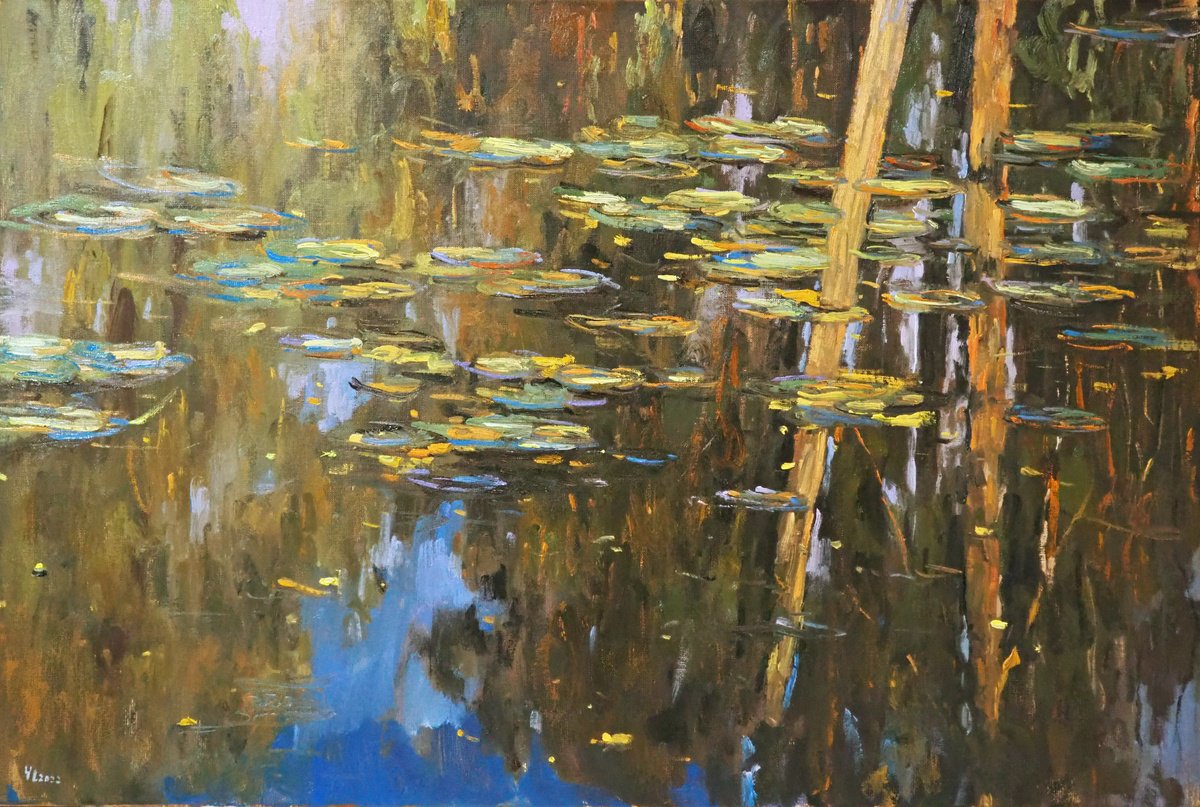 Impressionistic Landscape Oil Painting By Yuanyuan Liu, 35 X 24", Lotus Leaves, Original Artwork