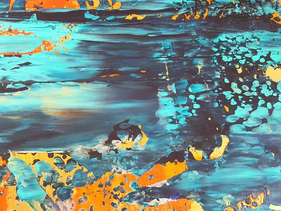 The Sun in the waterfall - XL golden and blue palette knife painting