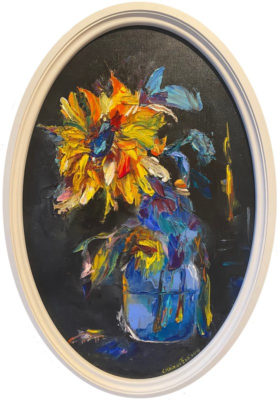 SUNFLOWERS IN A JAR, Oil on canvas panel
