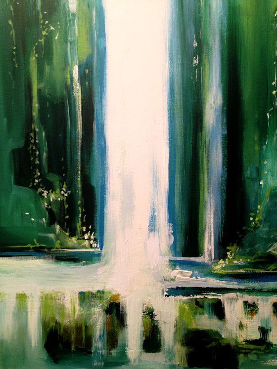 Light emerald green double waterfall-original abstract painting- 46 x 61 cm (18' x 24')