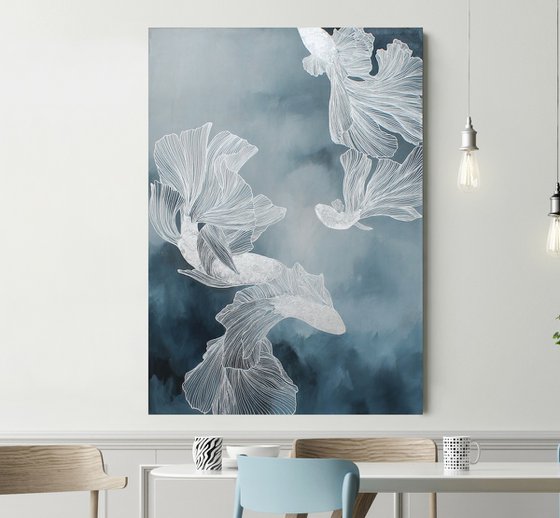 "Immensity 2" Blue silver fish abstract art