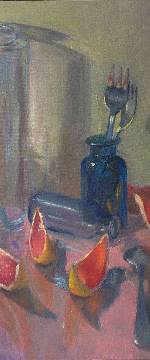 Grapefruit Reflections on Pink - Still Life Painting, One of a kind artwork, Home decor by Nithya Swaminathan