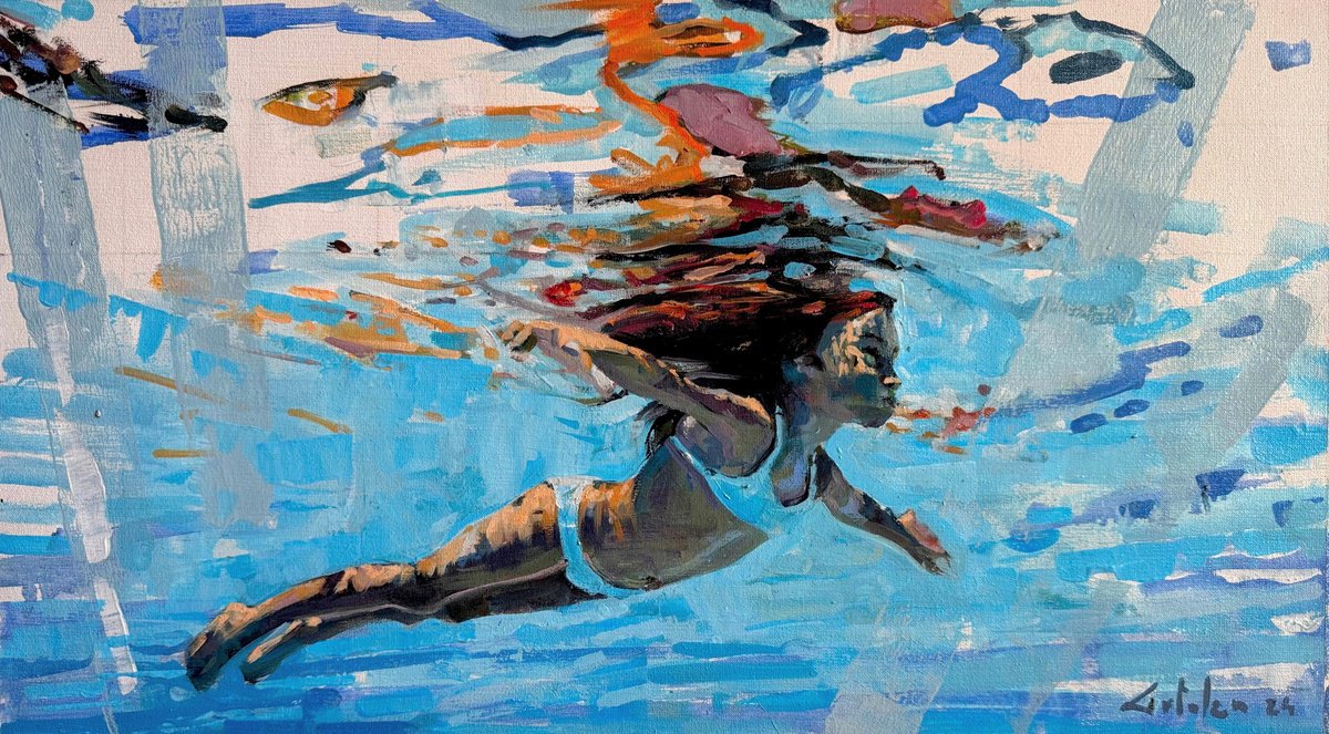 Impressionistic Portrait Oil Painting By Marco Ortolan, 20 X 11", Diving The Ocean, Original Artwork