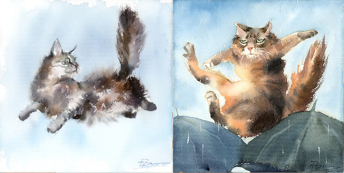 Impressionistic Animal Watercolour By Olga Tchefranov (Shefranov), 16 X 8", Midair Mischief - Diptych, Original Artwork