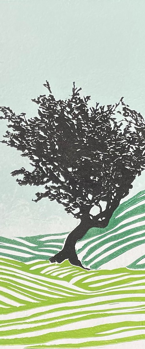 Windswept - Lone Tree Linocut by C Staunton