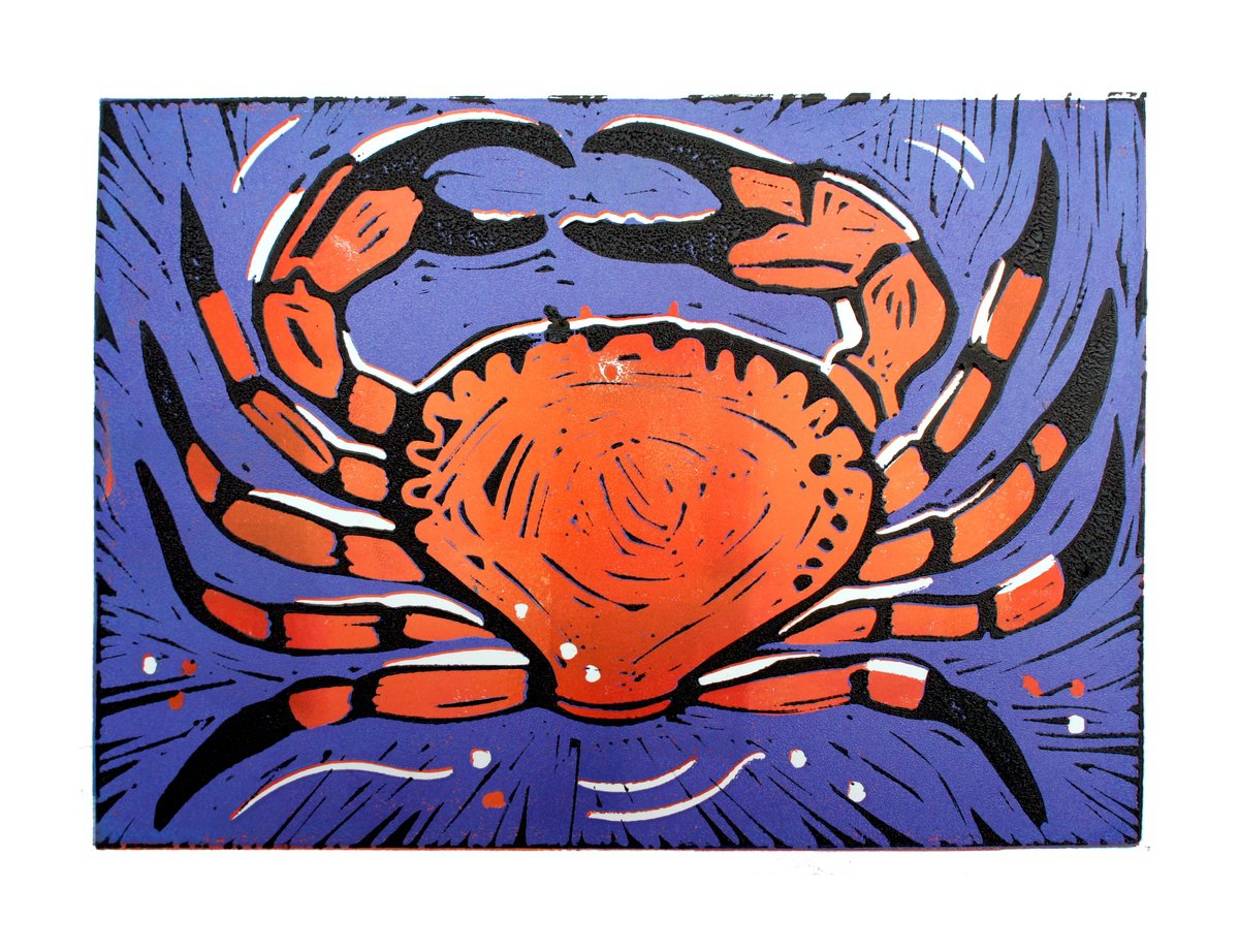 Animal Linocut By Julia Rigby, 8 X 6", Crab, Original Artwork