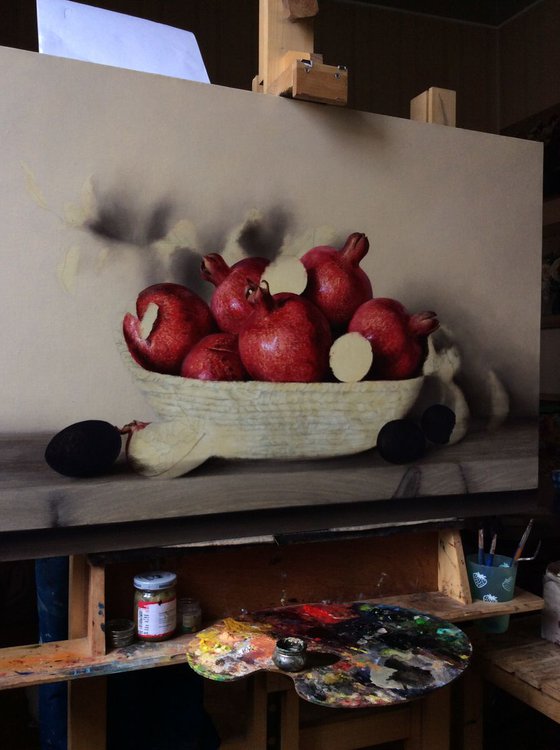 Authum with pomegranates and plums, 60x90cm, oil on canvas 2018, classical still life