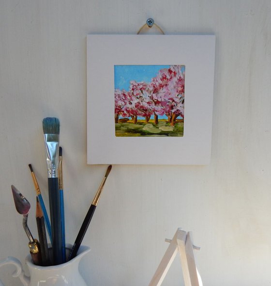 Cherry Blossom. Landscape Miniature. Easel is included. Gift painting. Ready to hang.
