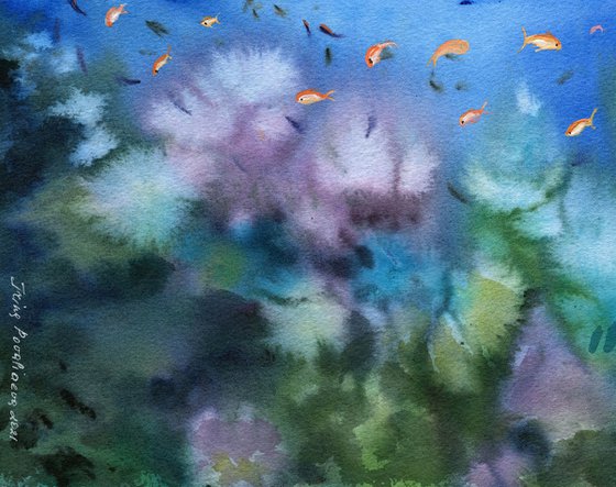 Coral reef original watercolor painting with blue ocean and coral, small goldfishes, decor for bedroom, gift for him