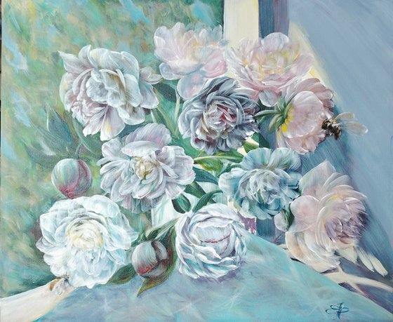 The Pionies bouquet with bees. Original.