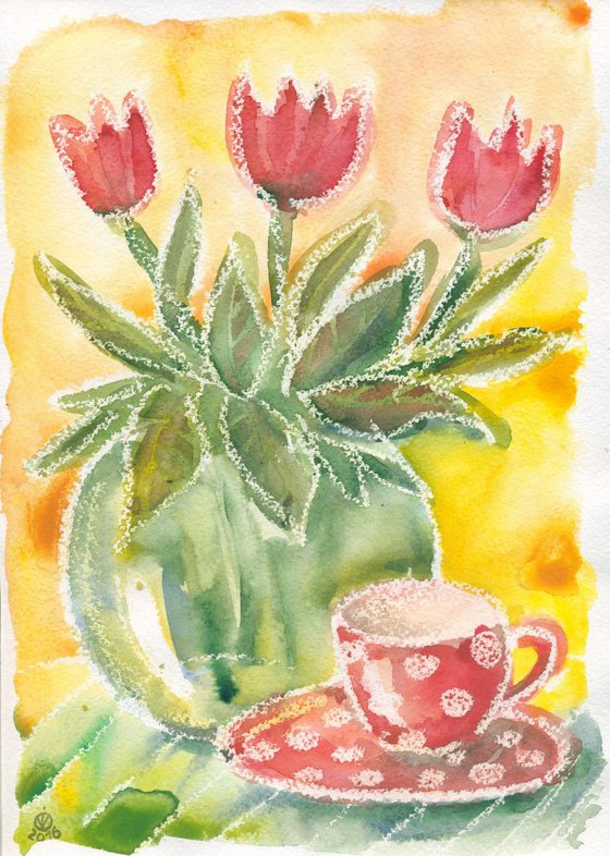 Morning Cup Of Tea With Red Tulips