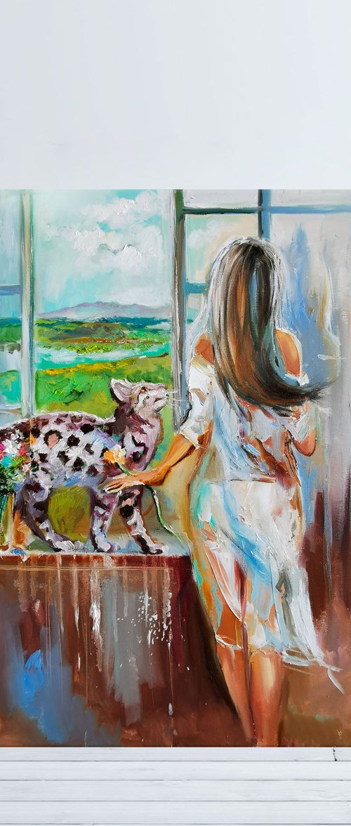 Girl with a big cat painting in Boho style by Annet Loginova