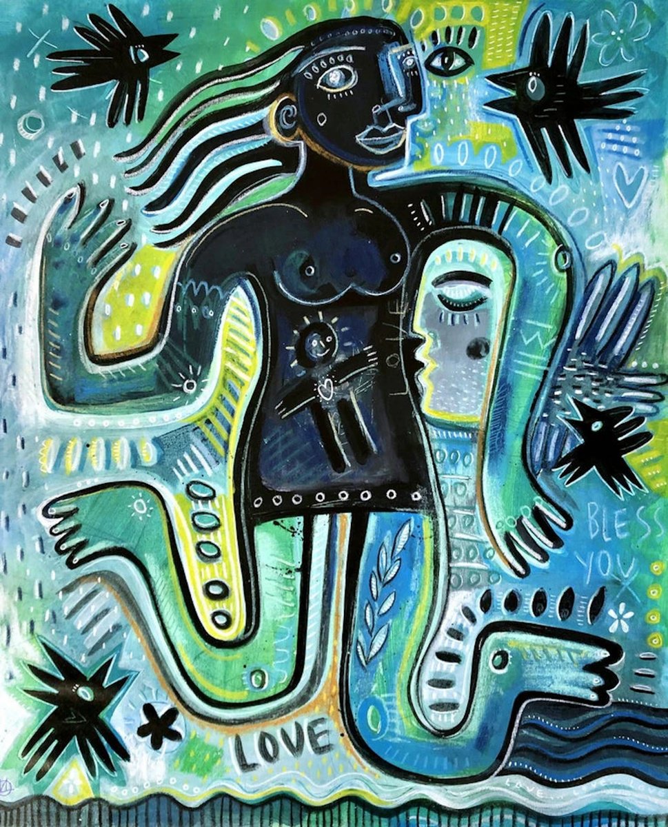 Naive Portrait Acrylic Painting By Daria Kusto, 31 X 39, Bless You, Original Artwork