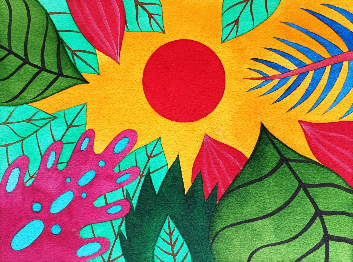 Naive Landscape Watercolour By Veronika Demenko, 13 X 10", Tropical Eden N.3, Original Artwork