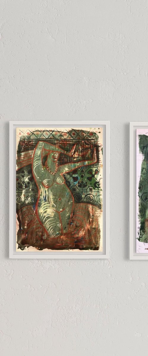 “WOMAN-AMPHORA” NUDE PAINTING and “GODDESS OF WATER” SMALL GREEN PAINTING by Yuliia Chaika