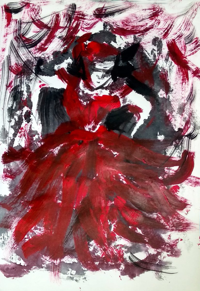 Woman in Red 6 Woman waiting - Monoprint by Asha Shenoy