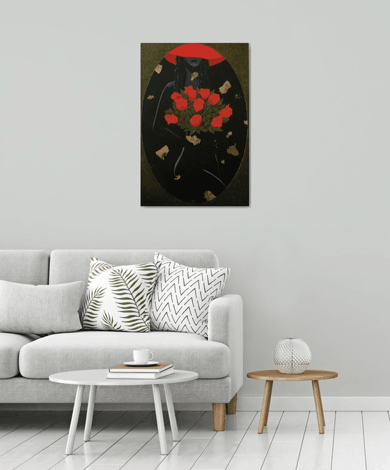 Romance in Red - large abstract figurative painting; office, home decor; gift idea
