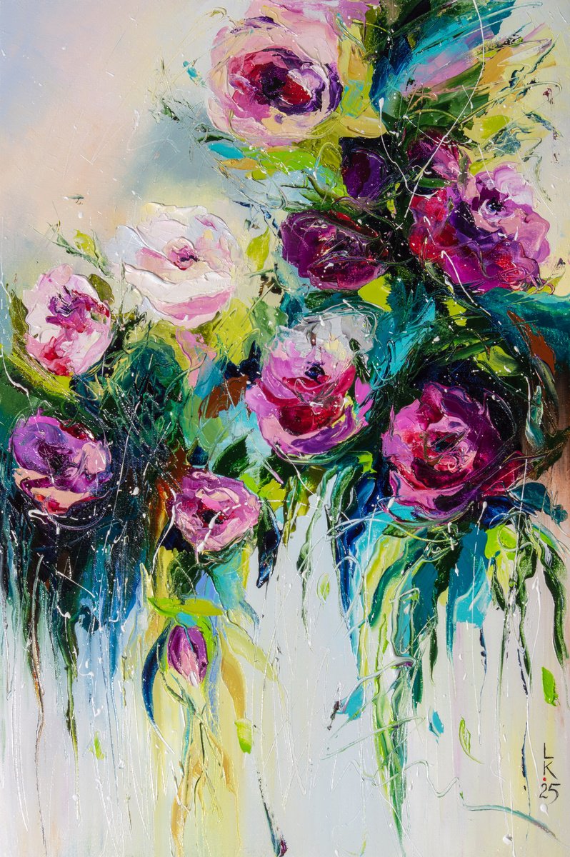 Impressionistic Botanical Oil Painting By Liubov Kuptsova, 16 X 24", Flower Rhapsody, Original Artwork