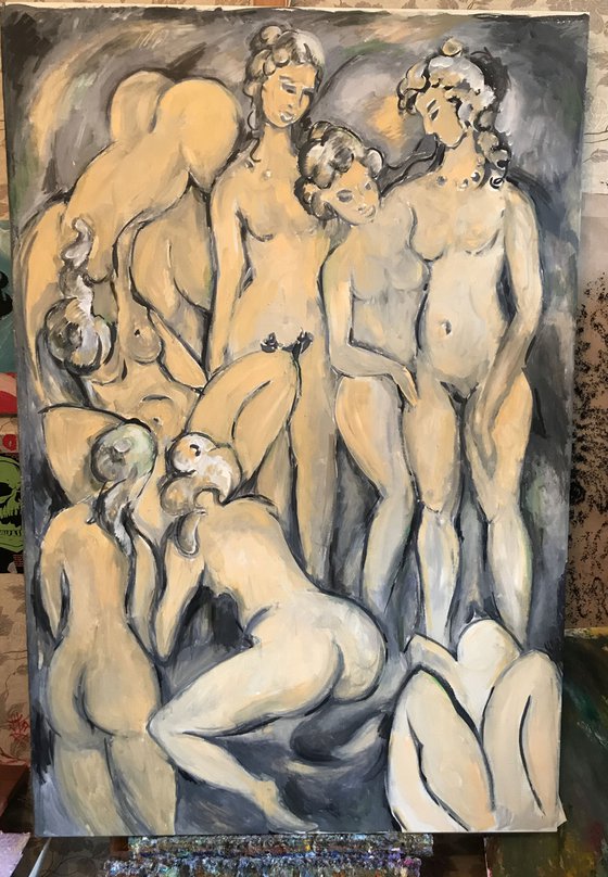EROTICA - Orgy erotic nude theme,  Scorpius zodiac sign- large artwork, figurative, love, lovers, night, erotism