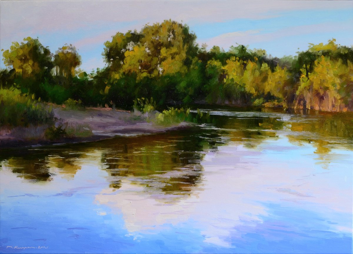 Impressionistic Landscape Oil Painting By Ruslan Kiprych, 28 X 20", Evening In May, Original Artwork