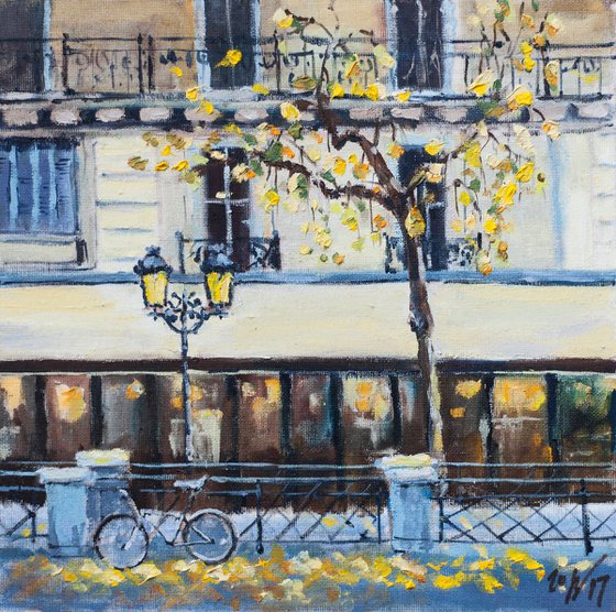 Autumn in Paris. Small original art oil painting fall france city urban landscape