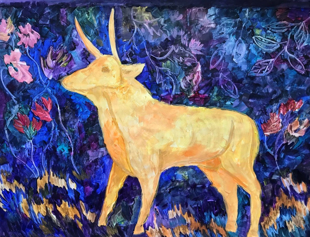 Impressionistic Animal Acrylic Painting By Tetiana Pchelnykova, 31 X 24", Golden Bull, "Myths" Series, Original Artwork